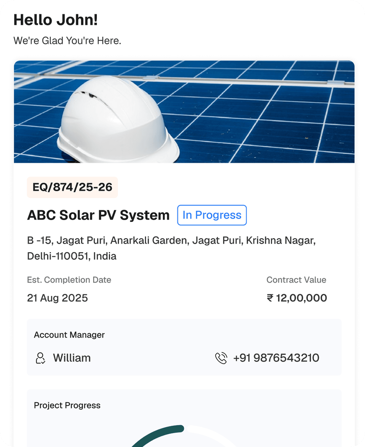 Client portal showing an ABC Solar PV System project in progress