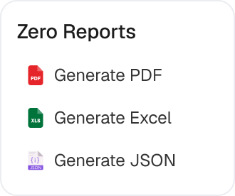 Generate Report panel offering PDF, Excel and JSON exports